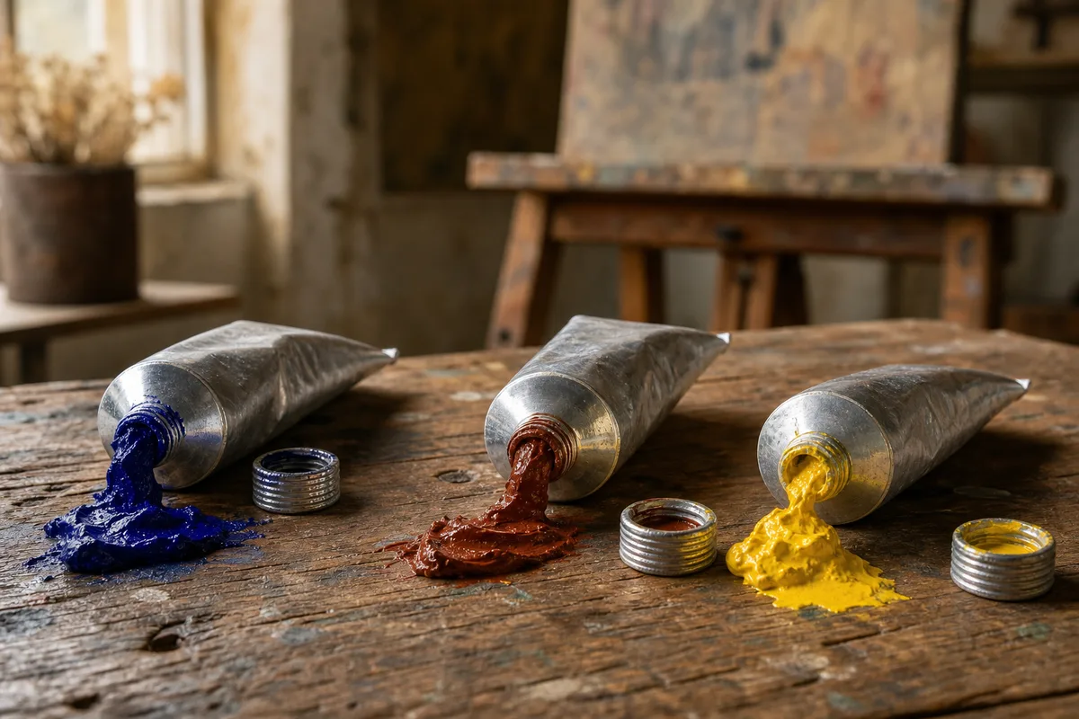 Tubes de peinture à l&rsquo;huile et pigments purs sur une table d&rsquo;atelier