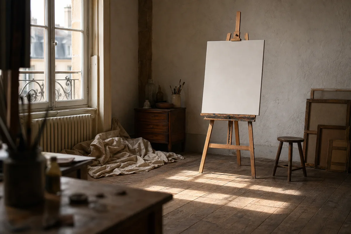Chevalet en bois et toile vierge dans un atelier de peinture silencieux
